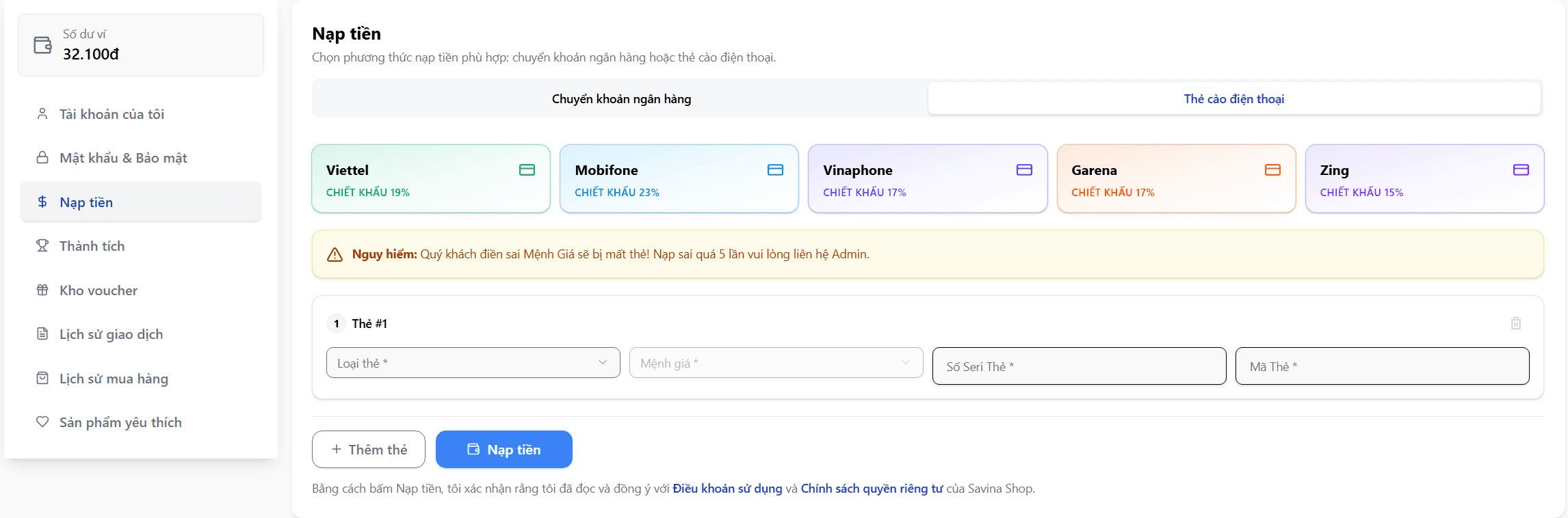 Nạp tiền bằng thẻ cào tại trang Nạp tiền