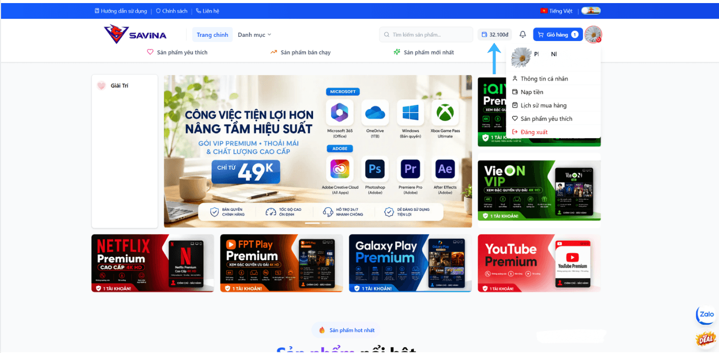 Số dư hiển thị ở thanh tài khoản