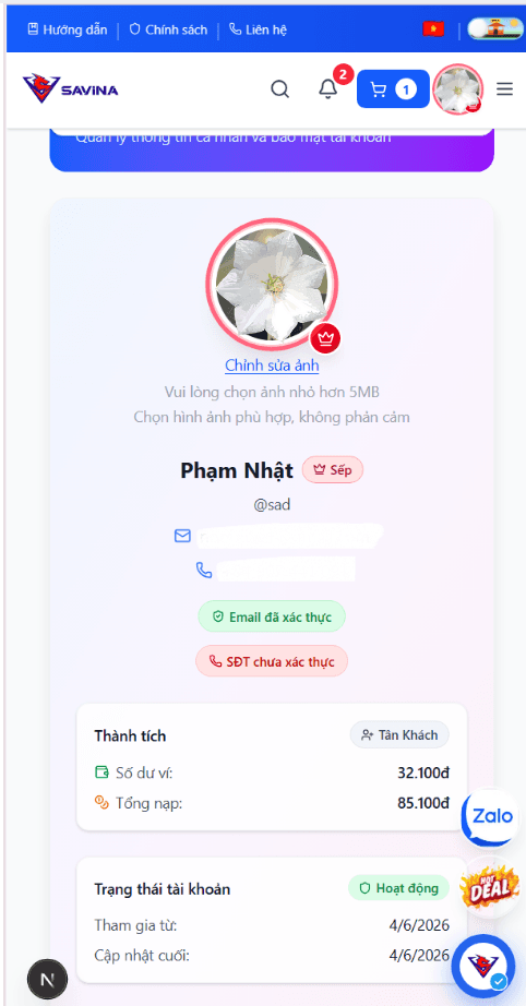 Trang thông tin tài khoản trên điện thoại