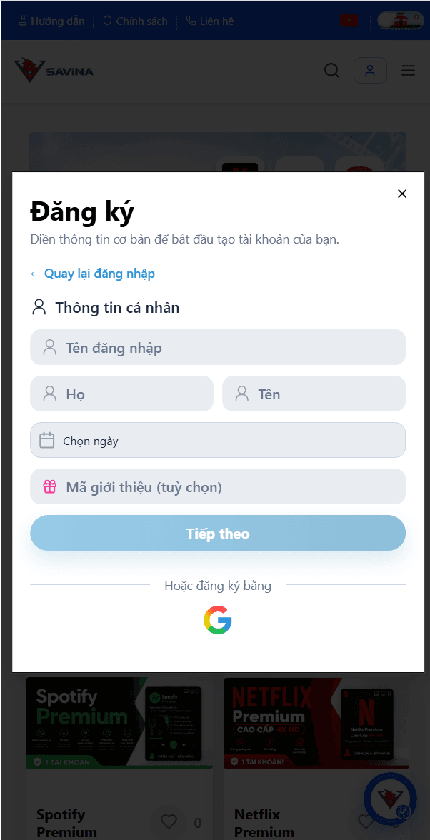Trang đăng ký trên điện thoại