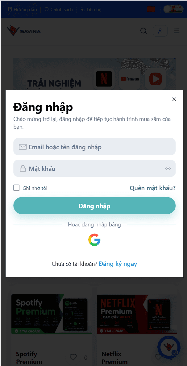 Trang đăng nhập trên điện thoại