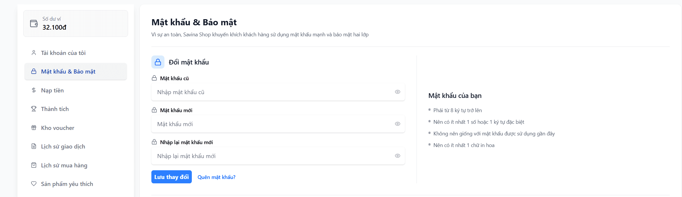 Trang Mật khẩu và Bảo mật
