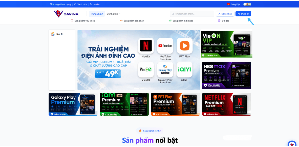 Bấm Đăng ký trên trang chủ
