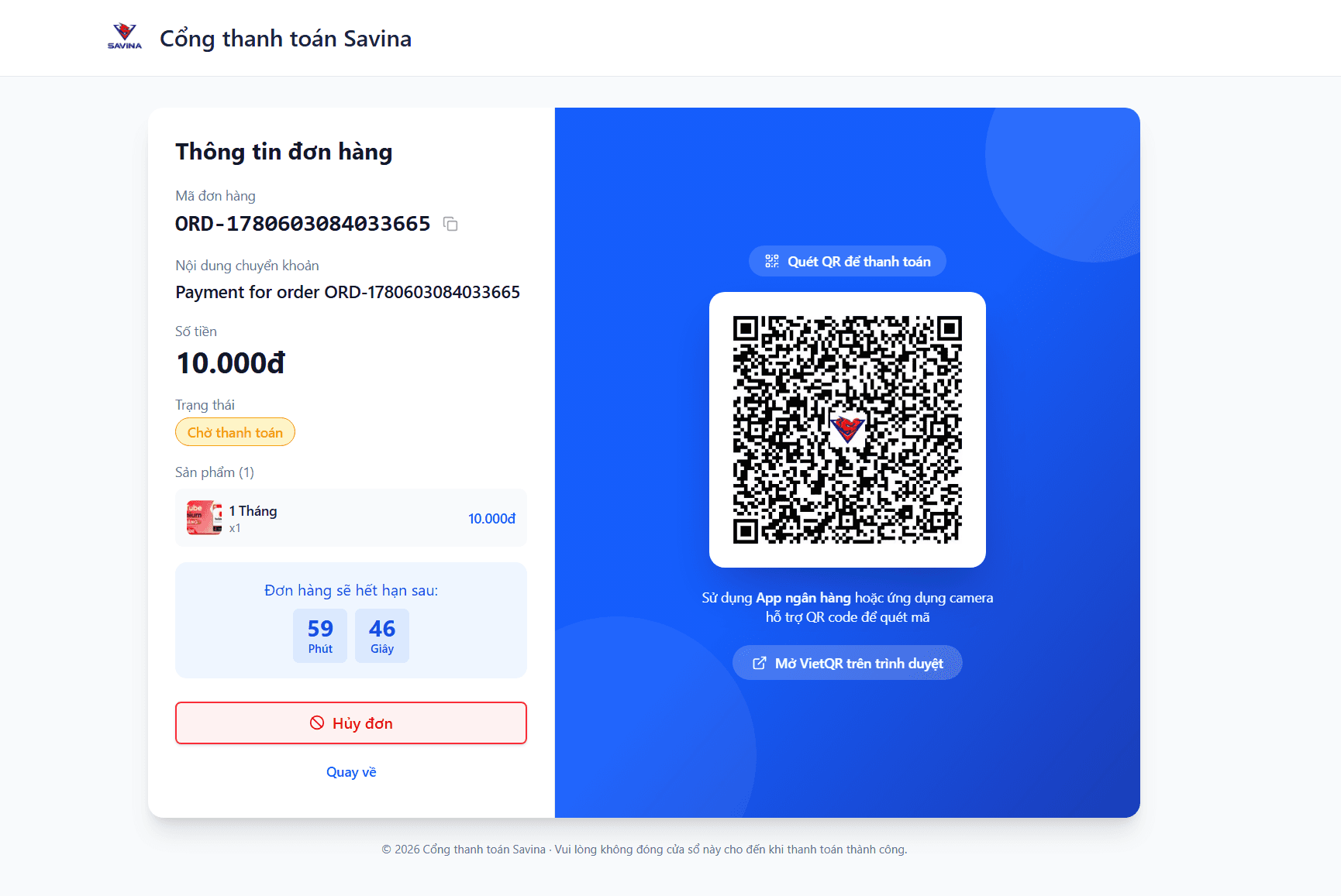 Xác nhận và quét mã QR VietQR để thanh toán