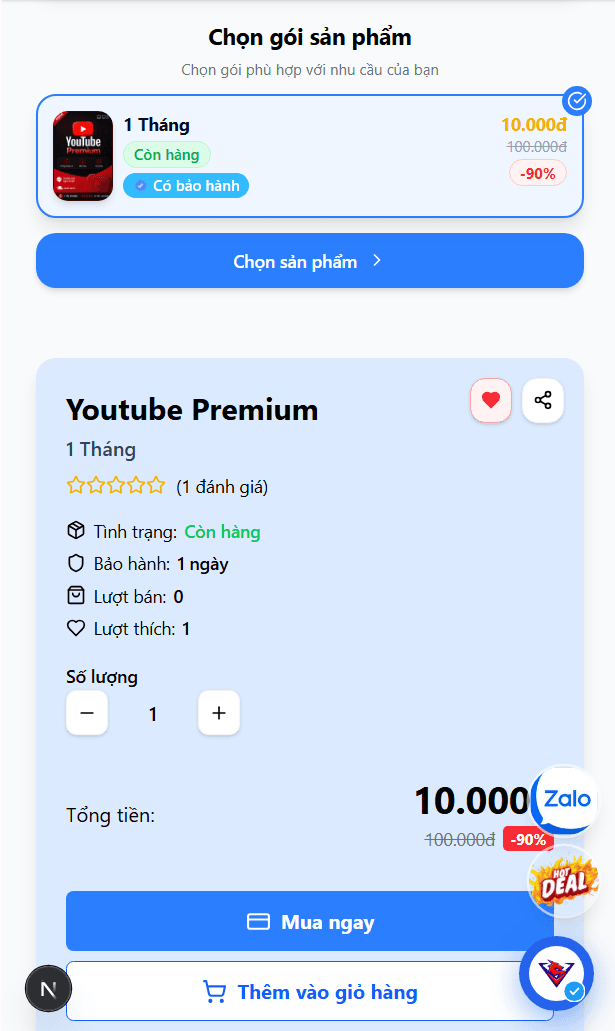 Trang chi tiết sản phẩm trên điện thoại